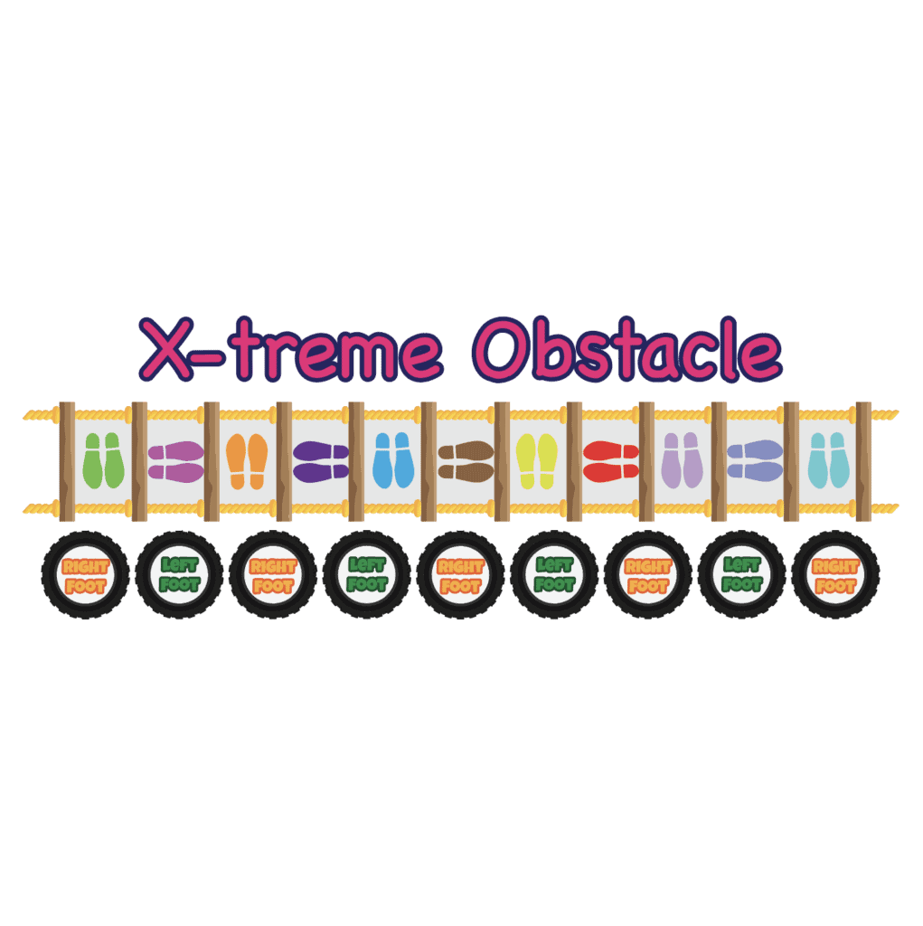 Colorful sensory path with hanging footstep markers for obstacle course activities.